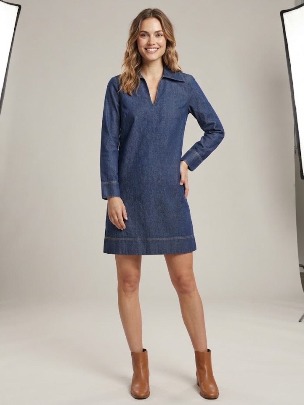 & Other Stories Paris Atelier Denim V-Neck Mini Dress in Indigo Blue